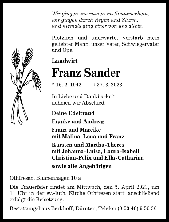 Traueranzeige von Franz Sander von Salzgitter-Zeitung