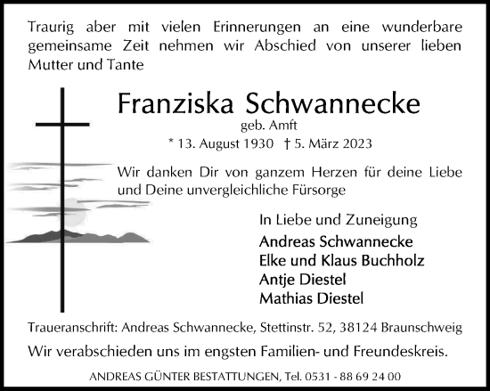 Traueranzeige von Franziska Schwannecke von Braunschweiger Zeitung