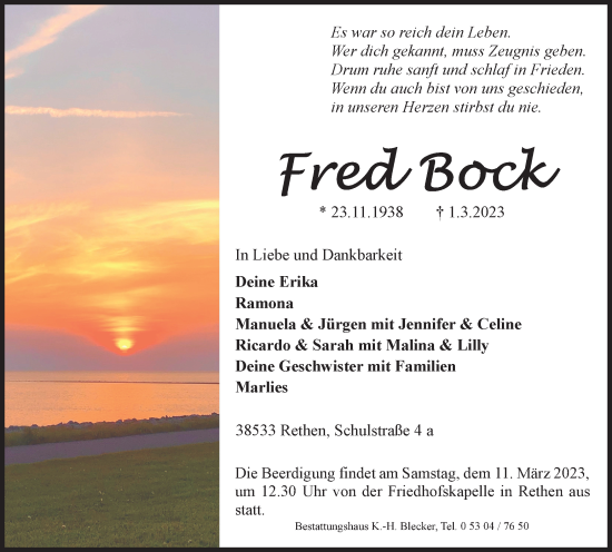 Traueranzeige von Fred Bock von Wolfsburger Nachrichten