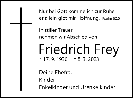 Traueranzeige von Friedrich Frey von Wolfsburger Nachrichten