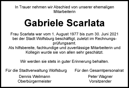 Traueranzeige von Gabriele Scarlata von Wolfsburger Nachrichten