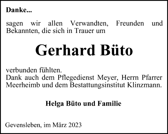 Traueranzeige von Gerhard Büto von Helmstedter Nachrichten