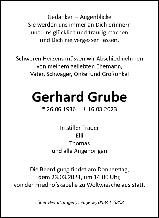 Traueranzeige von Gerhard Grube von Salzgitter-Zeitung, Peiner Nachrichten