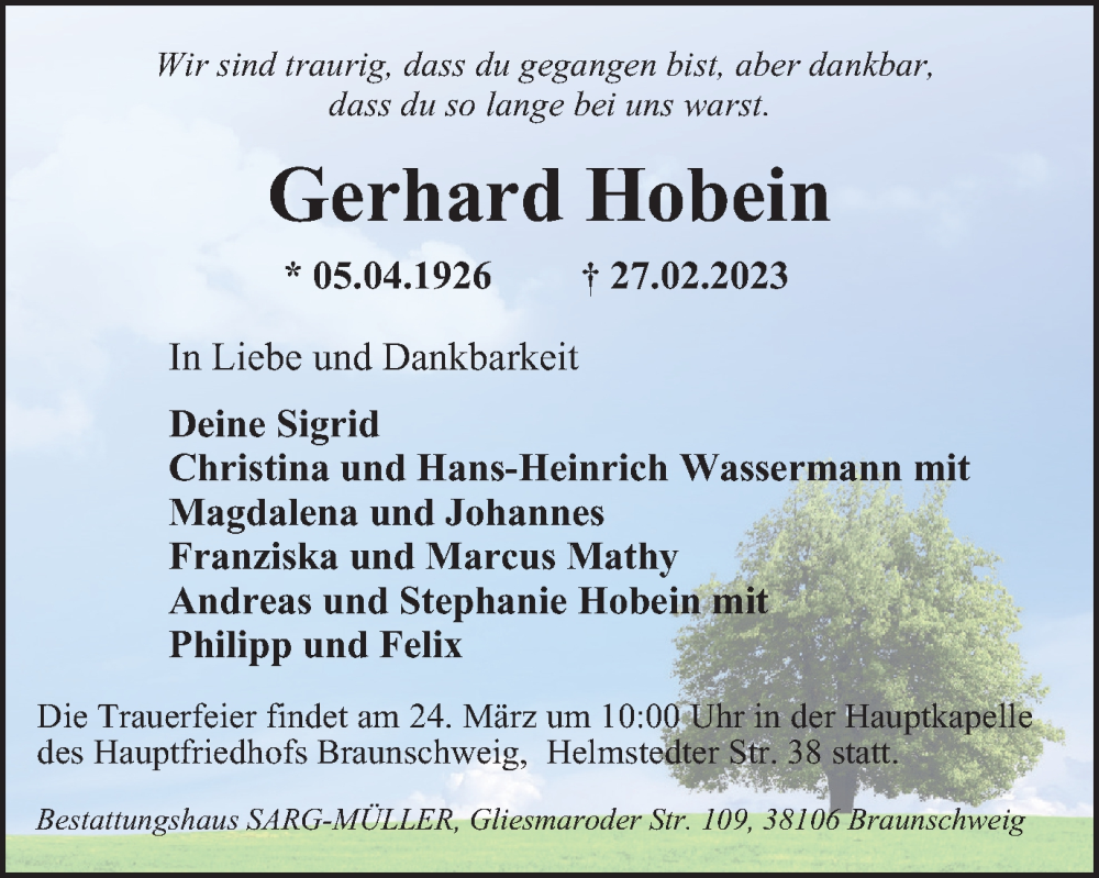  Traueranzeige für Gerhard Hobein vom 18.03.2023 aus Braunschweiger Zeitung