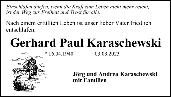 Traueranzeige von Gerhard Paul Karaschewski von Wolfsburger Nachrichten