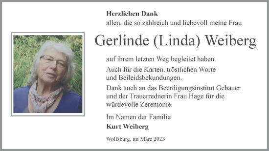 Traueranzeige von Gerlinde Linda Weiberg von Wolfsburger Nachrichten