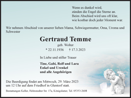 Traueranzeige von Gertraud Temme von Helmstedter Nachrichten