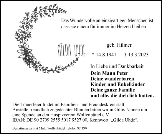 Traueranzeige von Gilda Uhde von Wolfenbütteler Zeitung