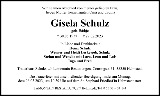 Traueranzeige von Gisela Schulz von Helmstedter Nachrichten