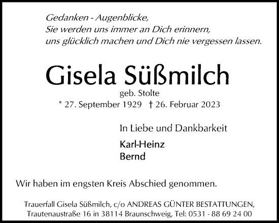 Traueranzeige von Gisela Süßmilch von Braunschweiger Zeitung