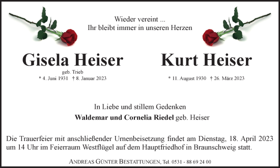 Traueranzeige von Gisela und Kurt Heiser von Braunschweiger Zeitung