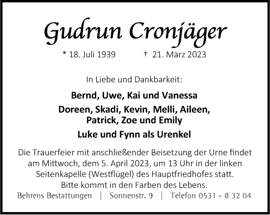 Traueranzeige von Gudrun Cronjäger von Braunschweiger Zeitung