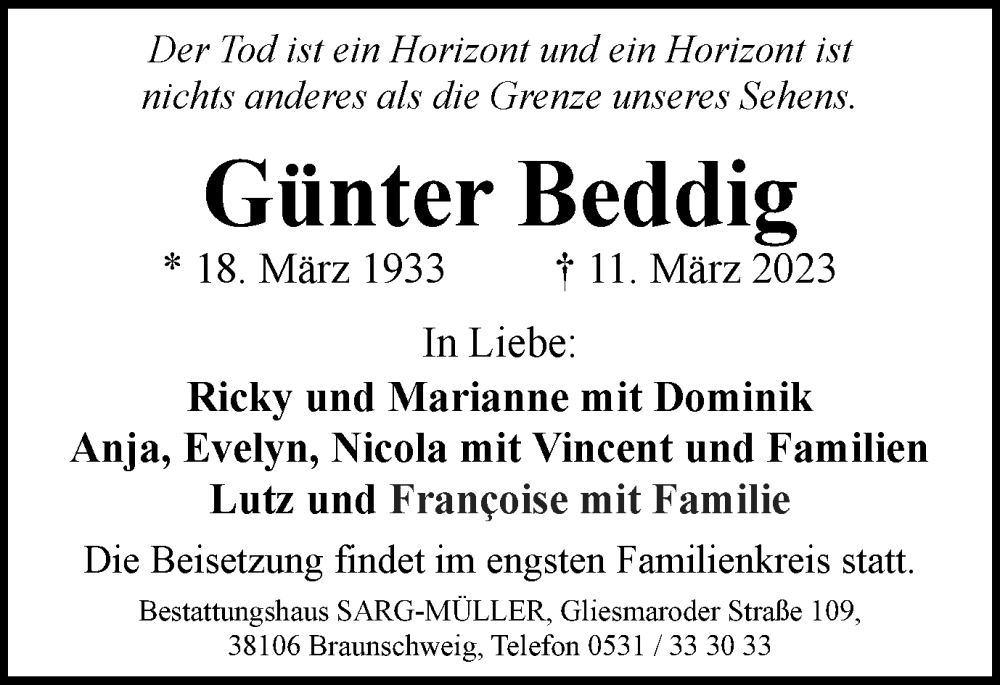  Traueranzeige für Günter Beddig vom 18.03.2023 aus Braunschweiger Zeitung