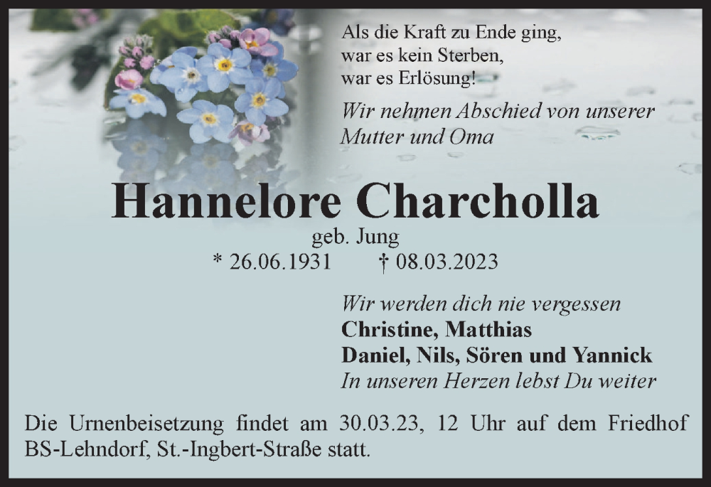  Traueranzeige für Hannelore Charcholla vom 28.03.2023 aus Braunschweiger Zeitung