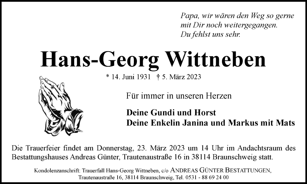  Traueranzeige für Hans-Georg Wittneben vom 11.03.2023 aus Braunschweiger Zeitung