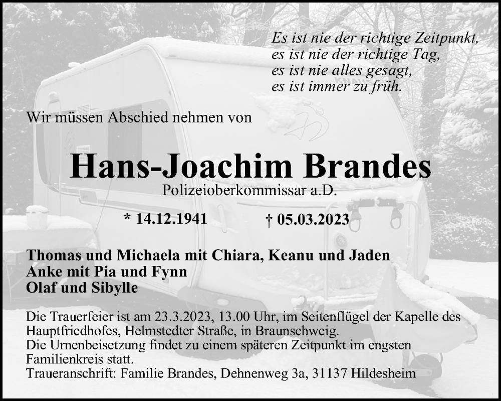  Traueranzeige für Hans-Joachim Brandes vom 18.03.2023 aus Braunschweiger Zeitung