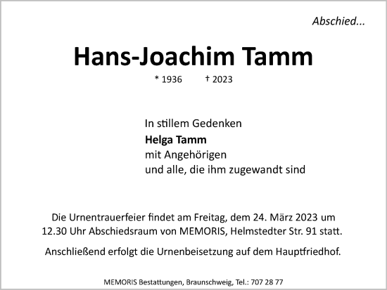 Traueranzeige von Hans-Joachim Tamm von Braunschweiger Zeitung