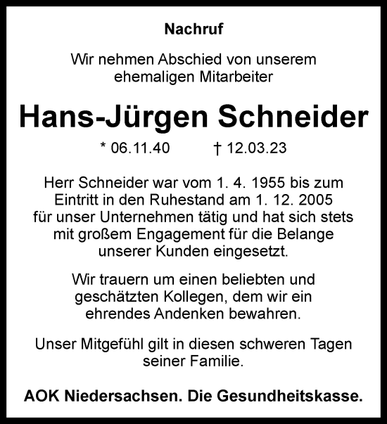 Traueranzeige von Hans-Jürgen Schneider von Braunschweiger Zeitung