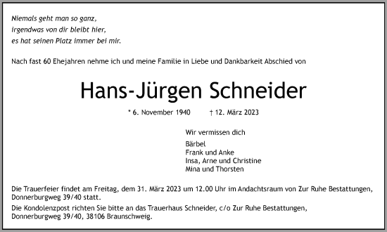 Traueranzeige von Hans-Jürgen Schneider von Braunschweiger Zeitung