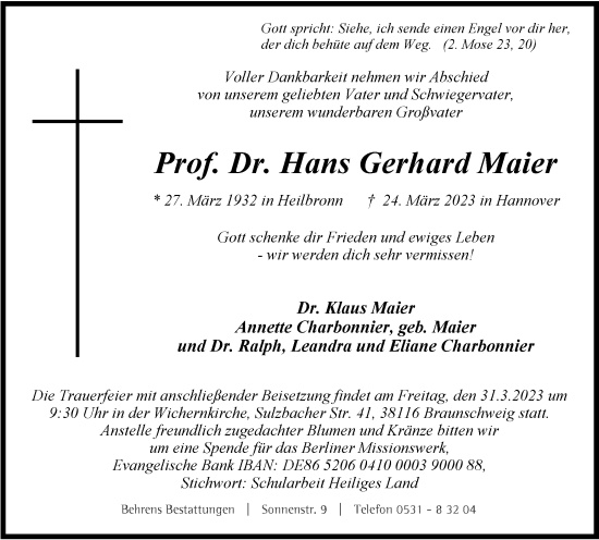 Traueranzeige von Hans Gerhard Maier von Braunschweiger Zeitung