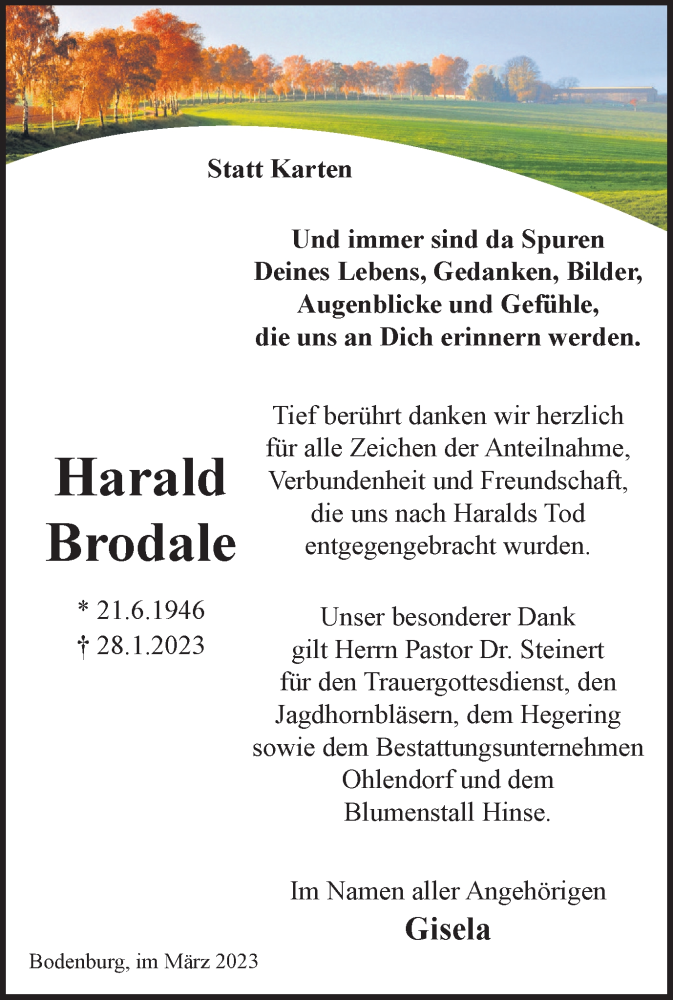  Traueranzeige für Harald Brodale vom 25.03.2023 aus Salzgitter-Zeitung