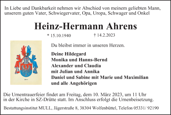 Traueranzeige von Heinz-Hermann Ahrens von Salzgitter-Zeitung