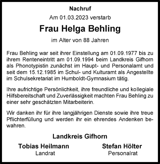 Traueranzeige von Helga Behling von Wolfsburger Nachrichten