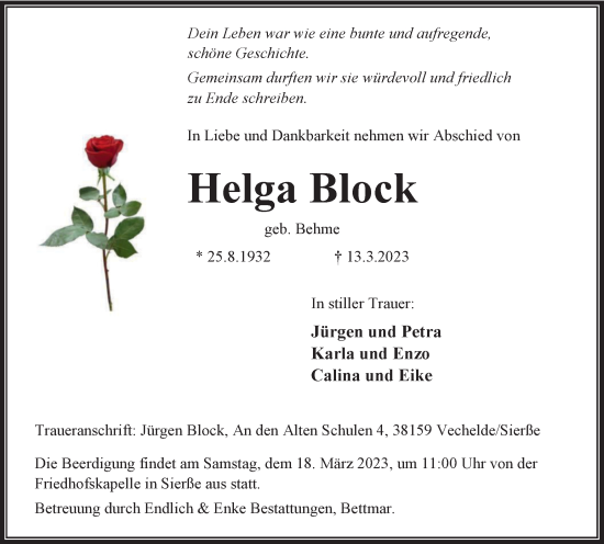 Traueranzeige von Helga Block von Peiner Nachrichten