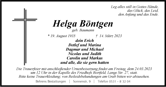 Traueranzeige von Helga Böntgen von Braunschweiger Zeitung