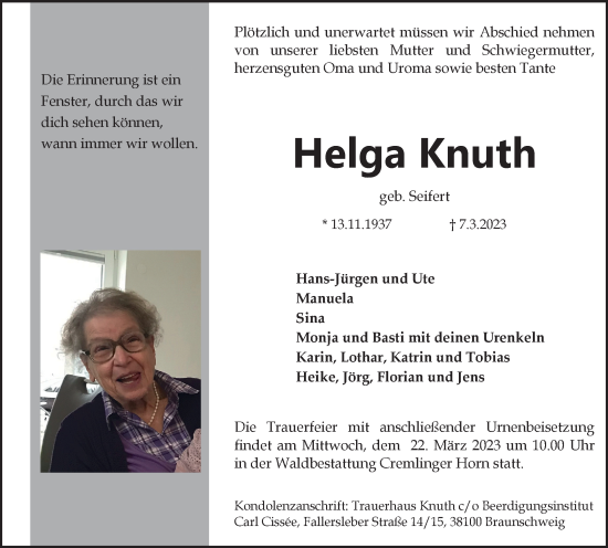 Traueranzeige von Helga Knuth von Braunschweiger Zeitung