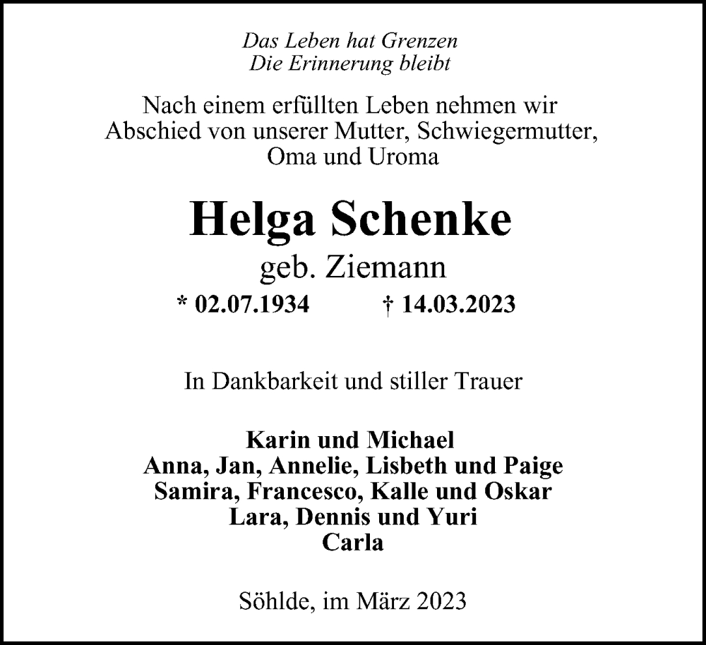  Traueranzeige für Helga Schenke vom 18.03.2023 aus Salzgitter-Zeitung