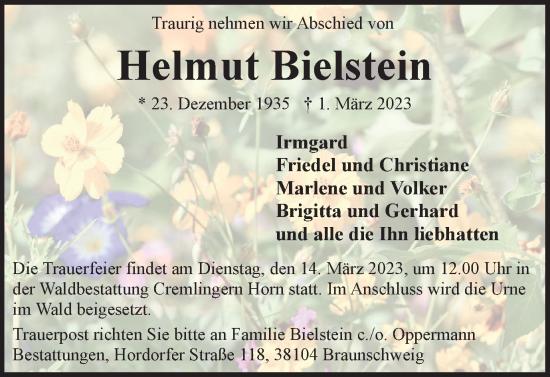 Traueranzeige von Helmut Bielstein von Wolfenbütteler Zeitung