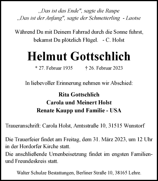 Traueranzeige von Helmut Gottschlich von Wolfenbütteler Zeitung