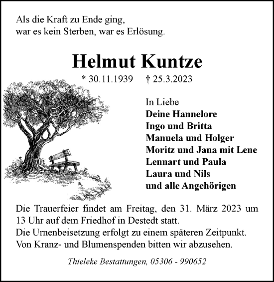 Traueranzeige von Helmut Kuntze von Wolfenbütteler Zeitung