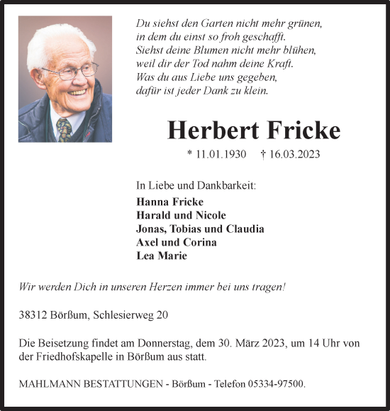 Traueranzeige von Herbert Fricke von Wolfenbütteler Zeitung