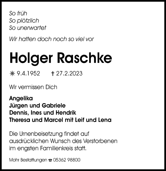 Traueranzeige von Holger Raschke von Wolfsburger Nachrichten