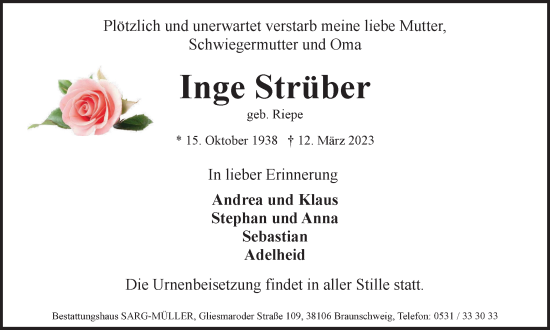 Traueranzeige von Inge Strüber von Braunschweiger Zeitung