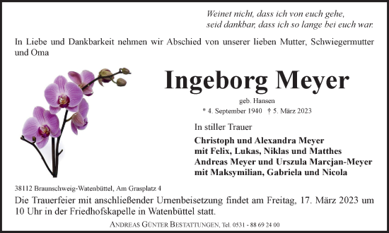 Traueranzeige von Ingeborg Meyer von Braunschweiger Zeitung