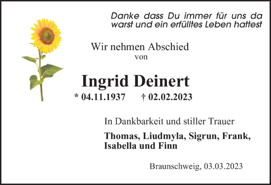 Traueranzeige von Ingrid Deinert von Braunschweiger Zeitung