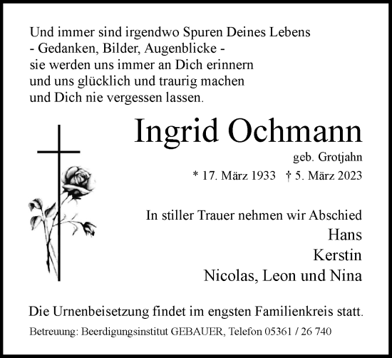 Traueranzeige von Ingrid Ochmann von Wolfsburger Nachrichten
