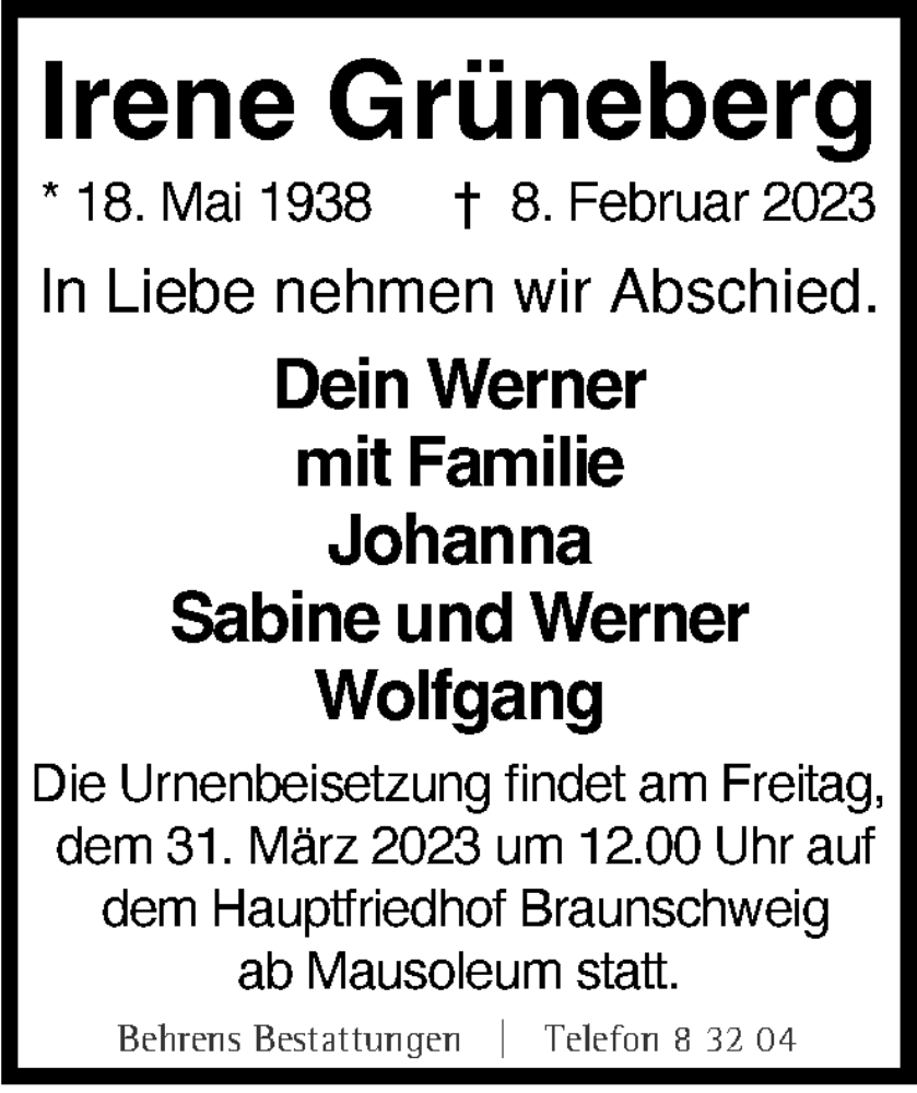 Traueranzeige für Irene Grüneberg vom 25.03.2023 aus Braunschweiger Zeitung