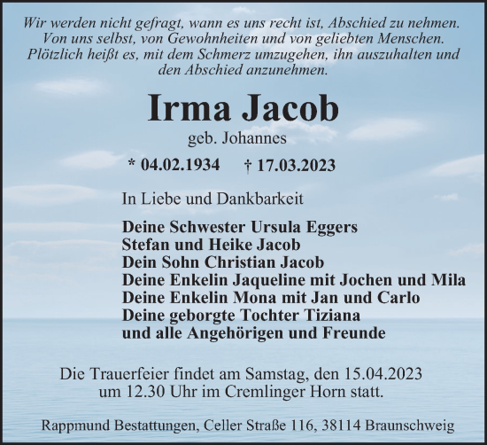 Traueranzeige von Irma Jacob von Braunschweiger Zeitung