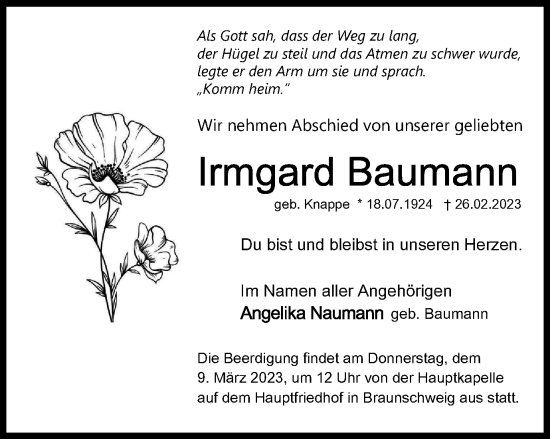 Traueranzeige von Irmgard Baumann von Braunschweiger Zeitung