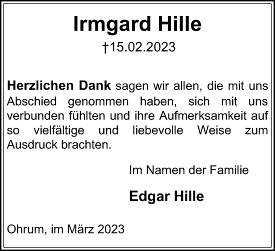 Traueranzeige von Irmgard Hille von Wolfenbütteler Zeitung