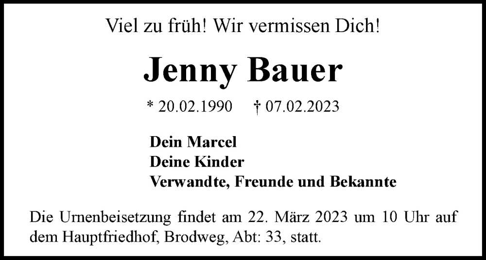  Traueranzeige für Jenny Bauer vom 18.03.2023 aus Neue Braunschweiger am Samstag
