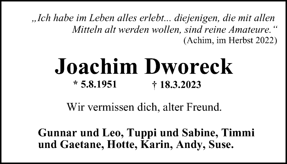  Traueranzeige für Joachim Dworeck vom 25.03.2023 aus Braunschweiger Zeitung