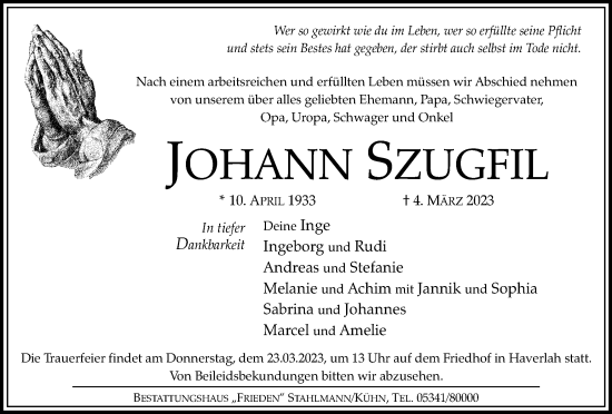 Traueranzeige von Johann Szugfil von Salzgitter-Zeitung