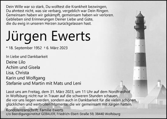 Traueranzeige von Jürgen Ewerts von Wolfsburger Nachrichten