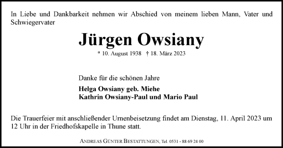 Traueranzeige von Jürgen Owsiany von Braunschweiger Zeitung