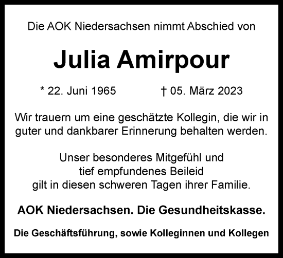 Traueranzeige von Julia Amirpour von Braunschweiger Zeitung